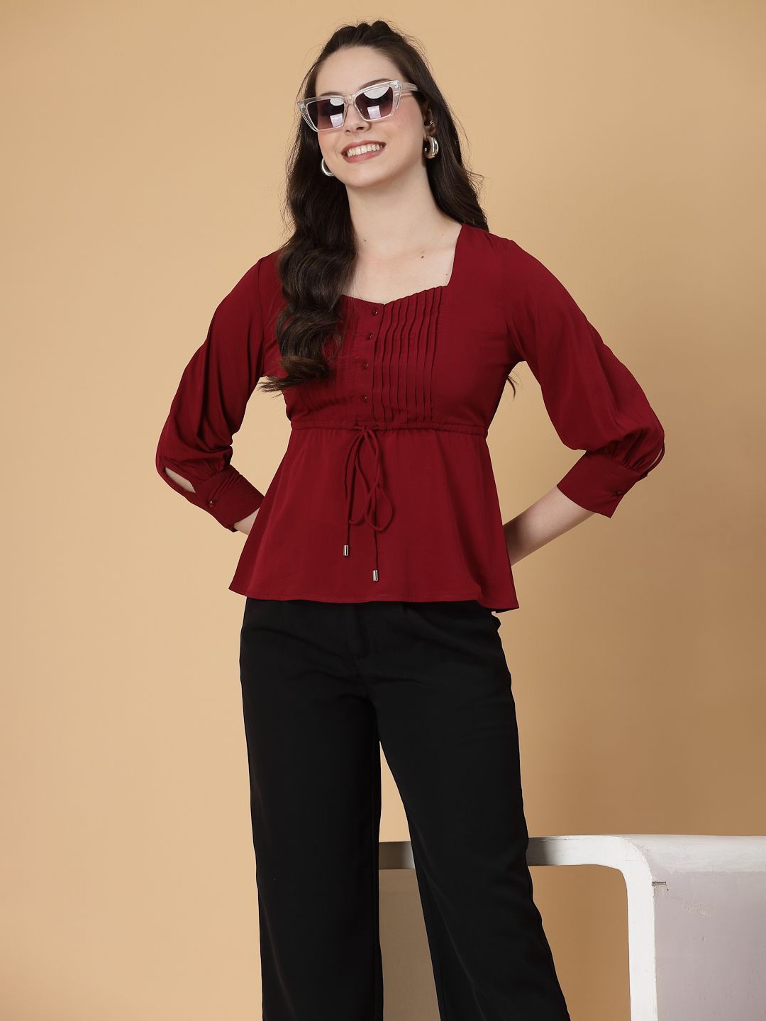 

RAASSIO Women Solid Cinched Waist Top, Burgundy