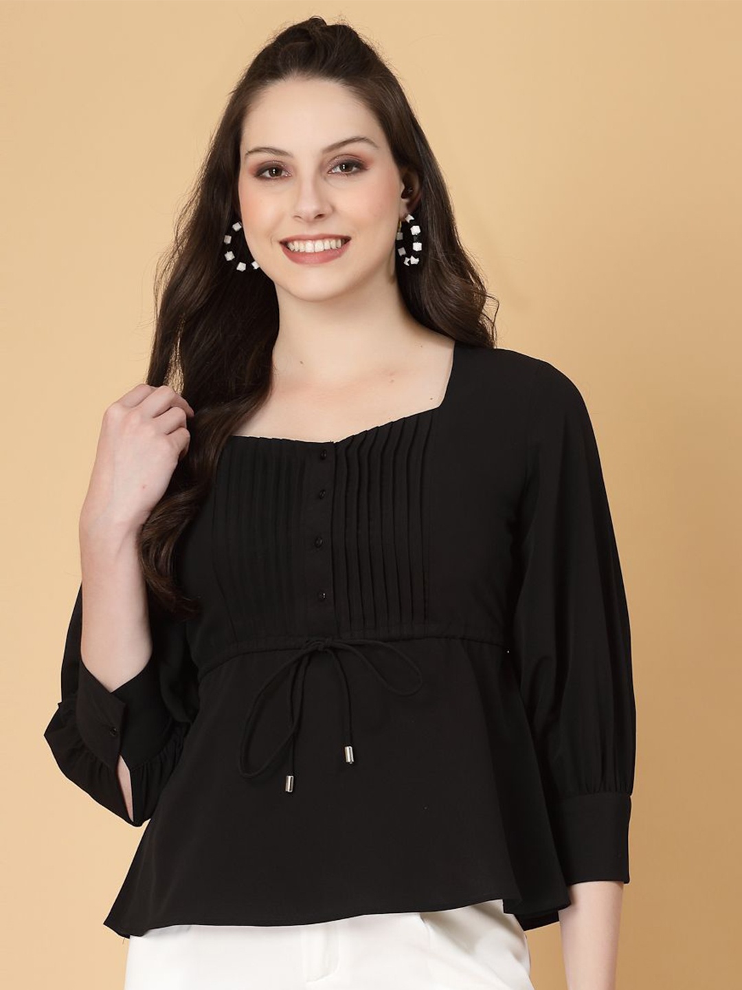 

RAASSIO Solid Square Neck Cuffed Slevees Top, Black