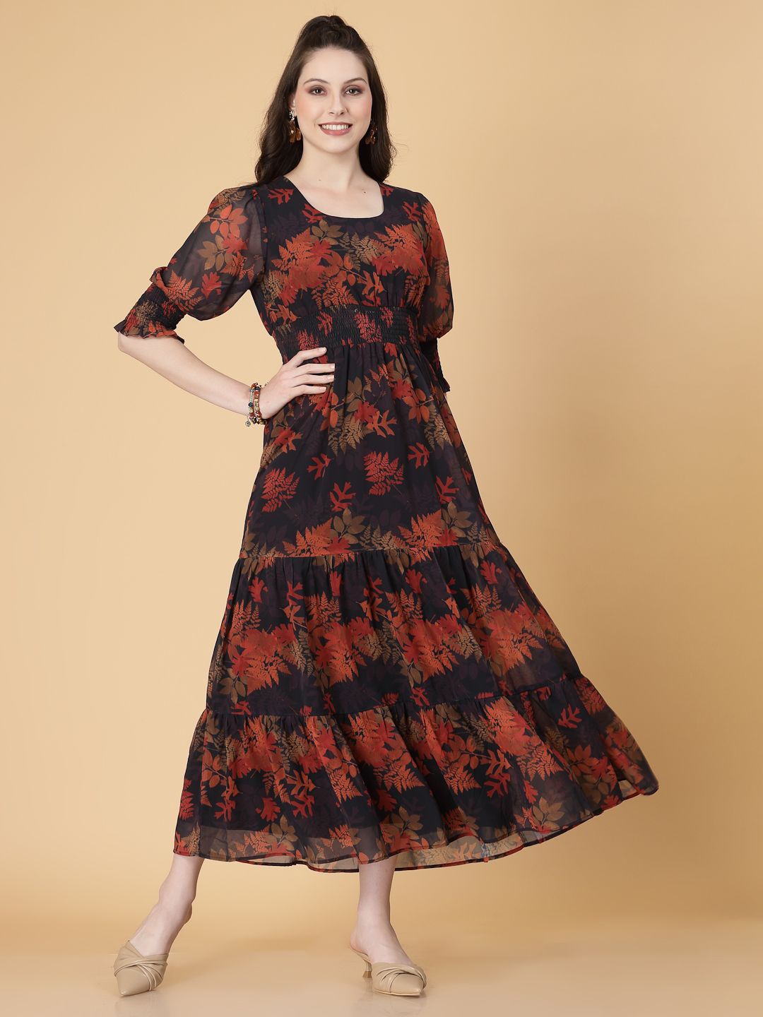 

RAASSIO Women Floral Printed Fit and Flare Dress, Orange