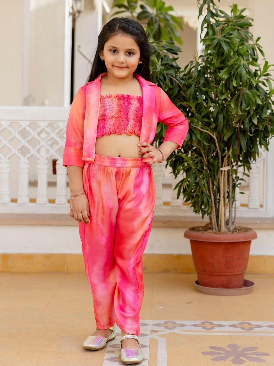 

Cutiediva Girls Printed Shoulder Straps Top With Trouser & Shrug, Pink