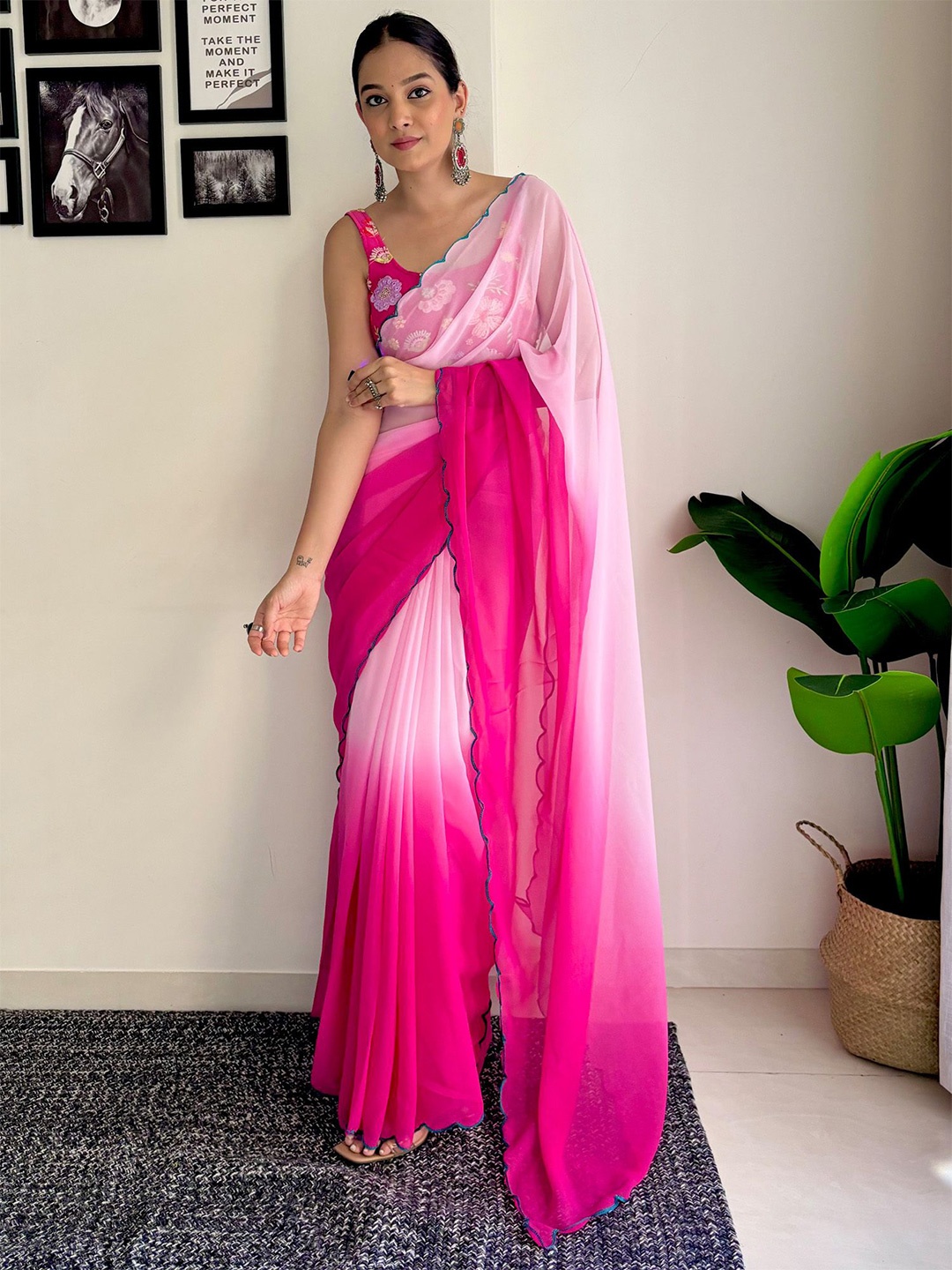 

CANIZZARO Ombre Embroidered Pure Georgette Saree, Pink