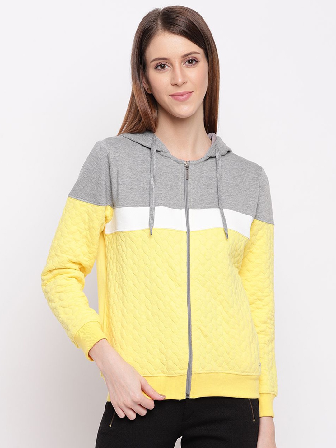 

Miss Grace Women Colourblocked Hooded Sweatshirt, Yellow