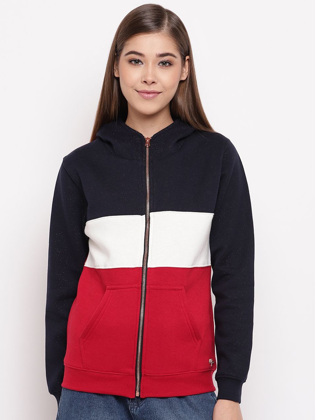

Miss Grace Women Colourblocked Hooded Sweatshirt, Navy blue