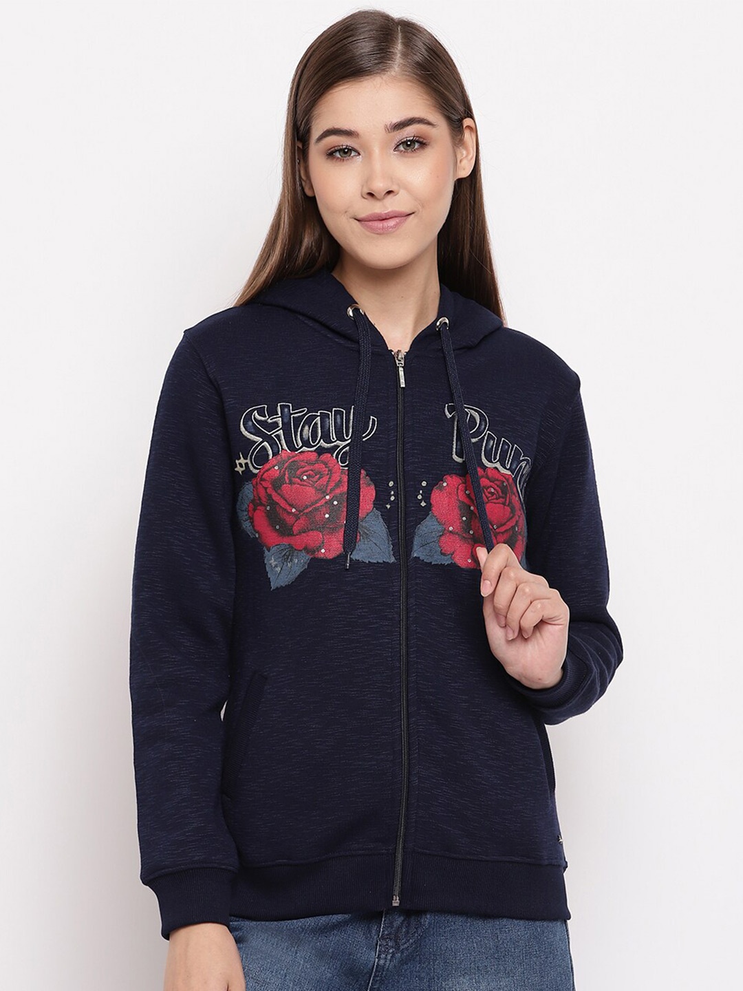 

Miss Grace Women Printed Hooded Sweatshirt, Navy blue