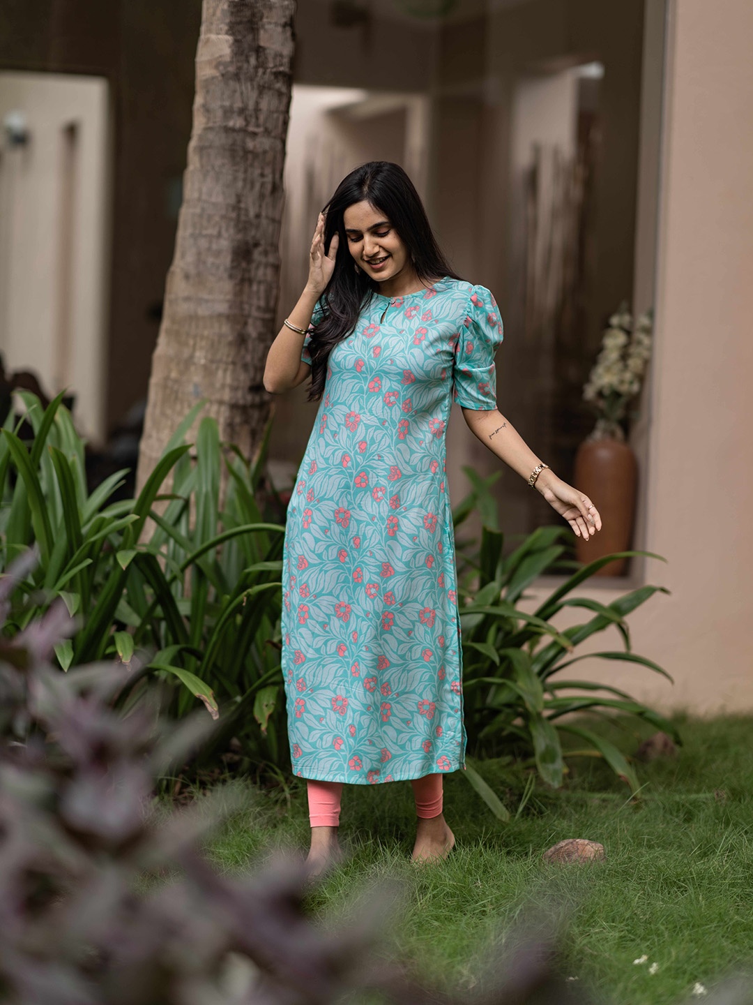 

HAY Floral Printed Puff Sleeves Kurta, Green