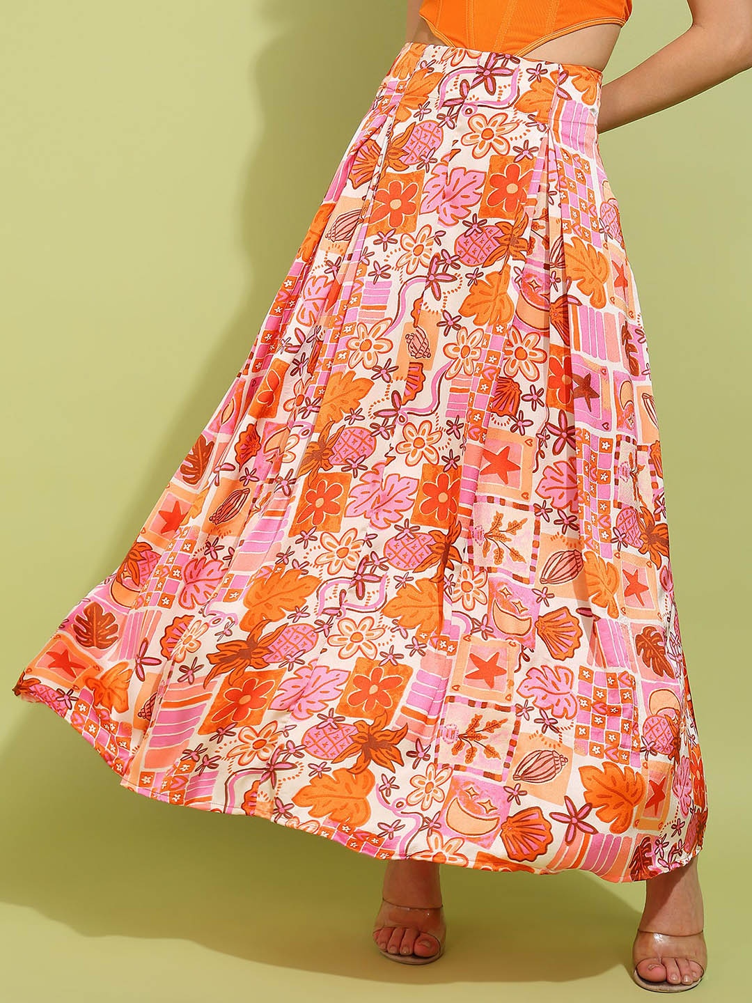 

DODO & MOA Printed Flared Maxi Skirt, Orange