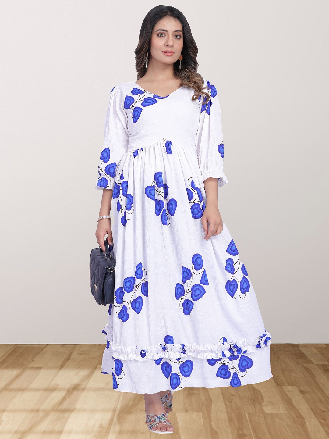 

N N ENTERPRISE Floral Print Applique Georgette Fit & Flare Maxi Dress, Blue
