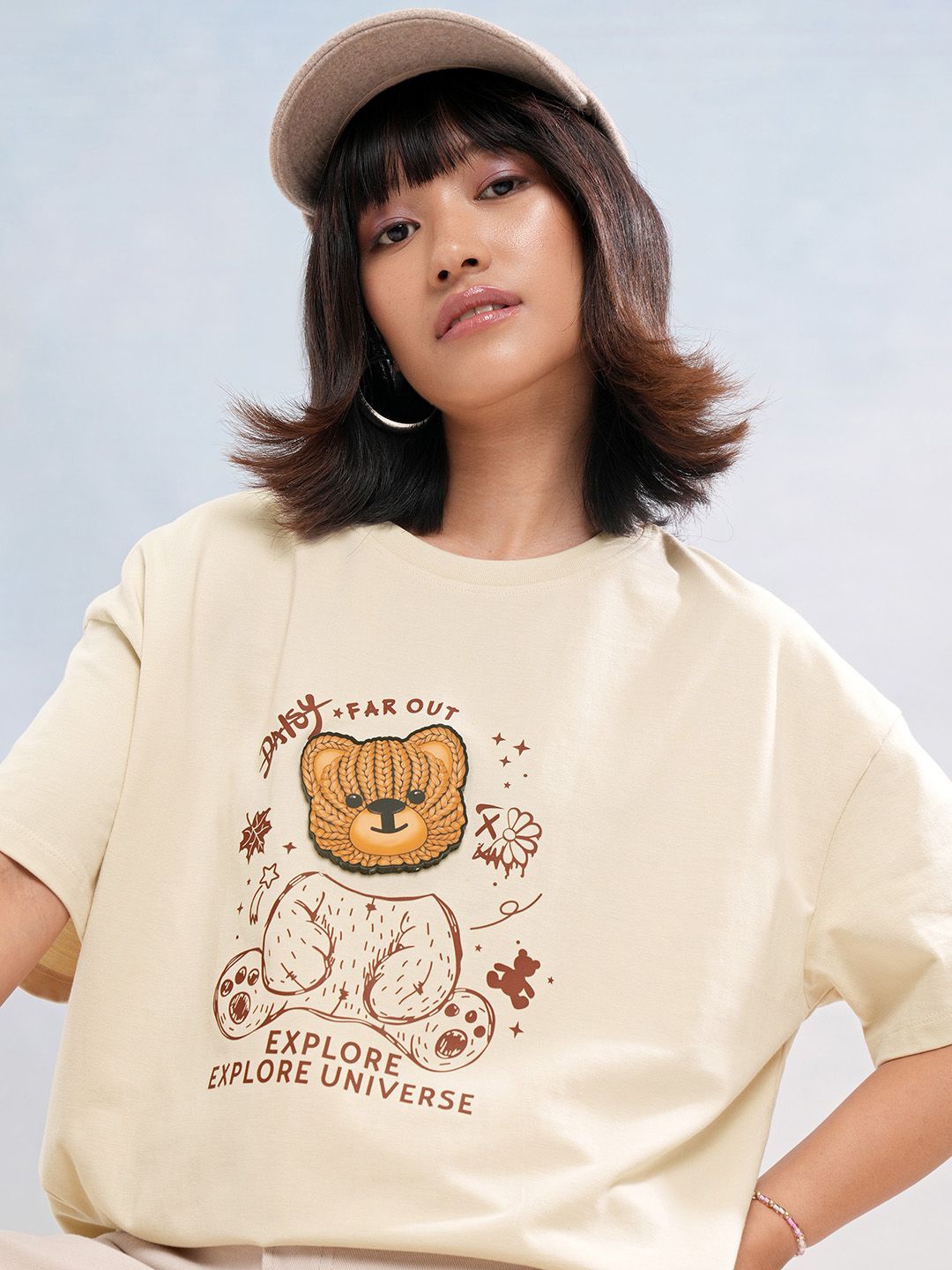 

Street By Tokyo Talkies Women Graphic Printed Drop-Shoulder Sleeves Cotton Boxy Fit T-shirt, Beige