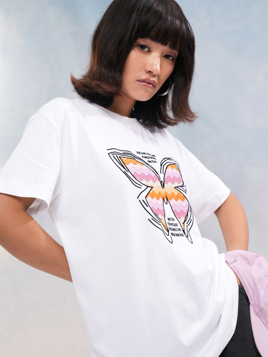 

Street By Tokyo Talkies Women Graphic Printed Drop-Shoulder Sleeves Cotton Relaxed Fit T-shirt, White