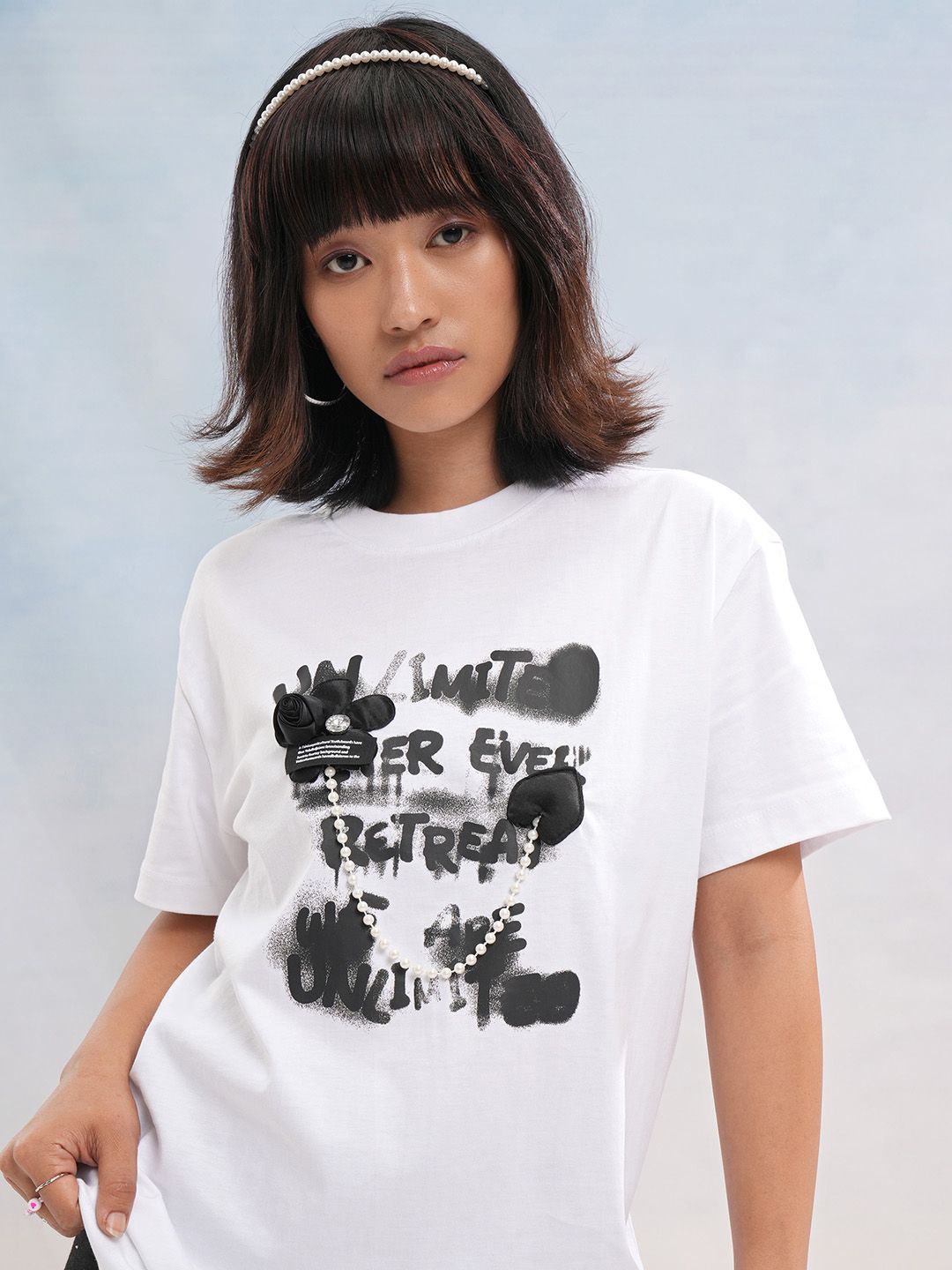 

Street By Tokyo Talkies Women Typography Printed Drop-Shoulder Sleeves Cotton Relaxed Fit T-shirt, White