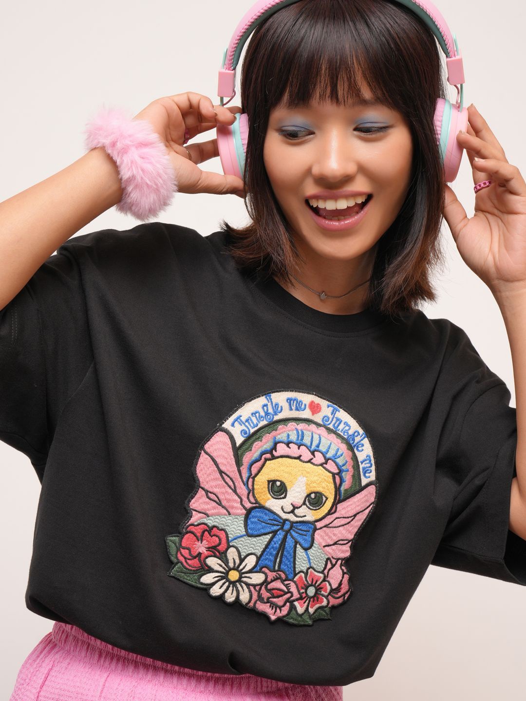 

Tokyo Talkies Women Printed Applique T-shirt, Black