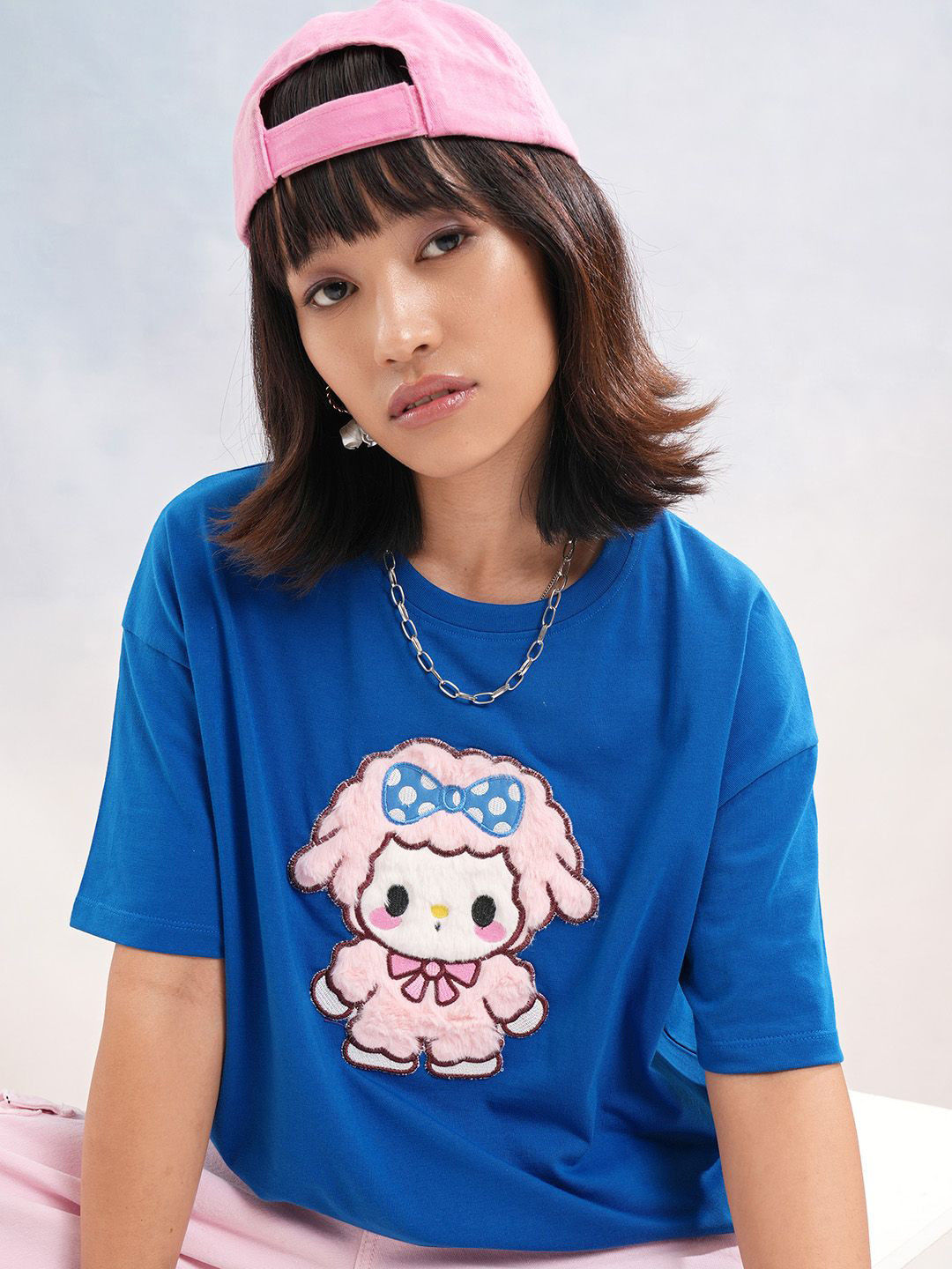 

Street By Tokyo Talkies Women Applique Drop-Shoulder Sleeves Cotton Boxy Fit T-shirt, Blue