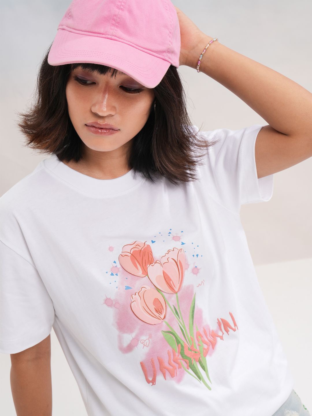 

Street By Tokyo Talkies Women Floral Printed Drop-Shoulder Sleeves Cotton Relaxed Fit T-shirt, White