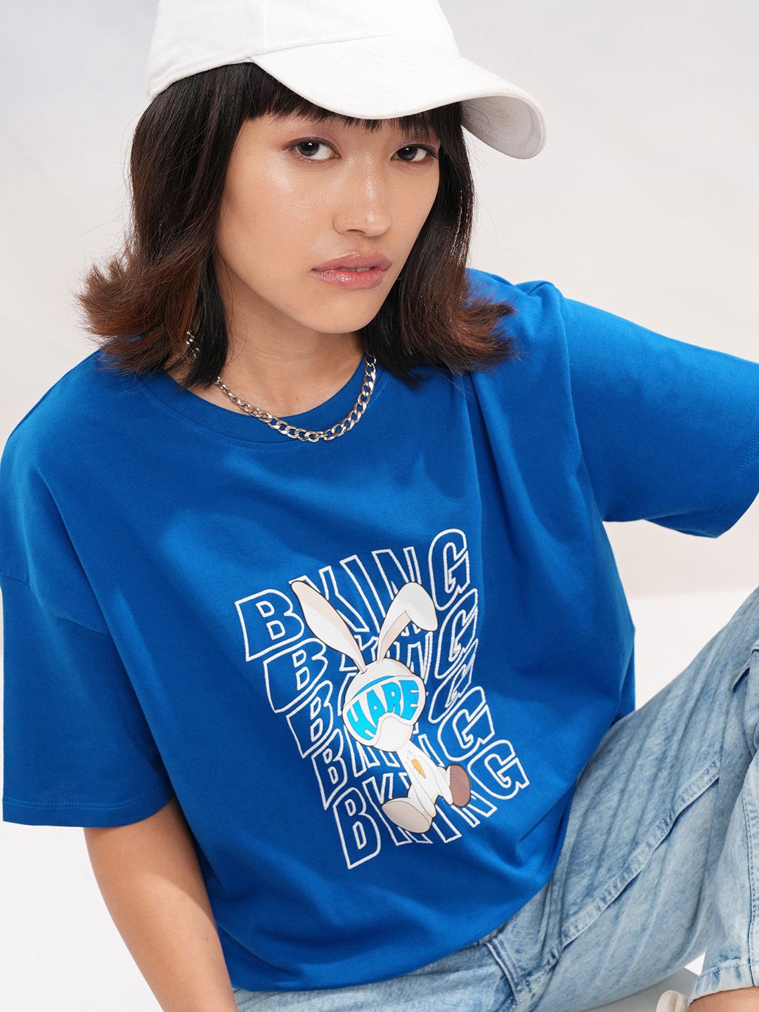 

Street By Tokyo Talkies Women Typography Printed Drop-Shoulder Sleeves Cotton Boxy Fit T-shirt, Blue