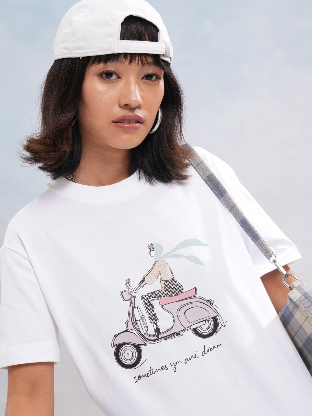 

Street By Tokyo Talkies Women Graphic Printed Drop-Shoulder Sleeves Cotton Relaxed Fit T-shirt, White