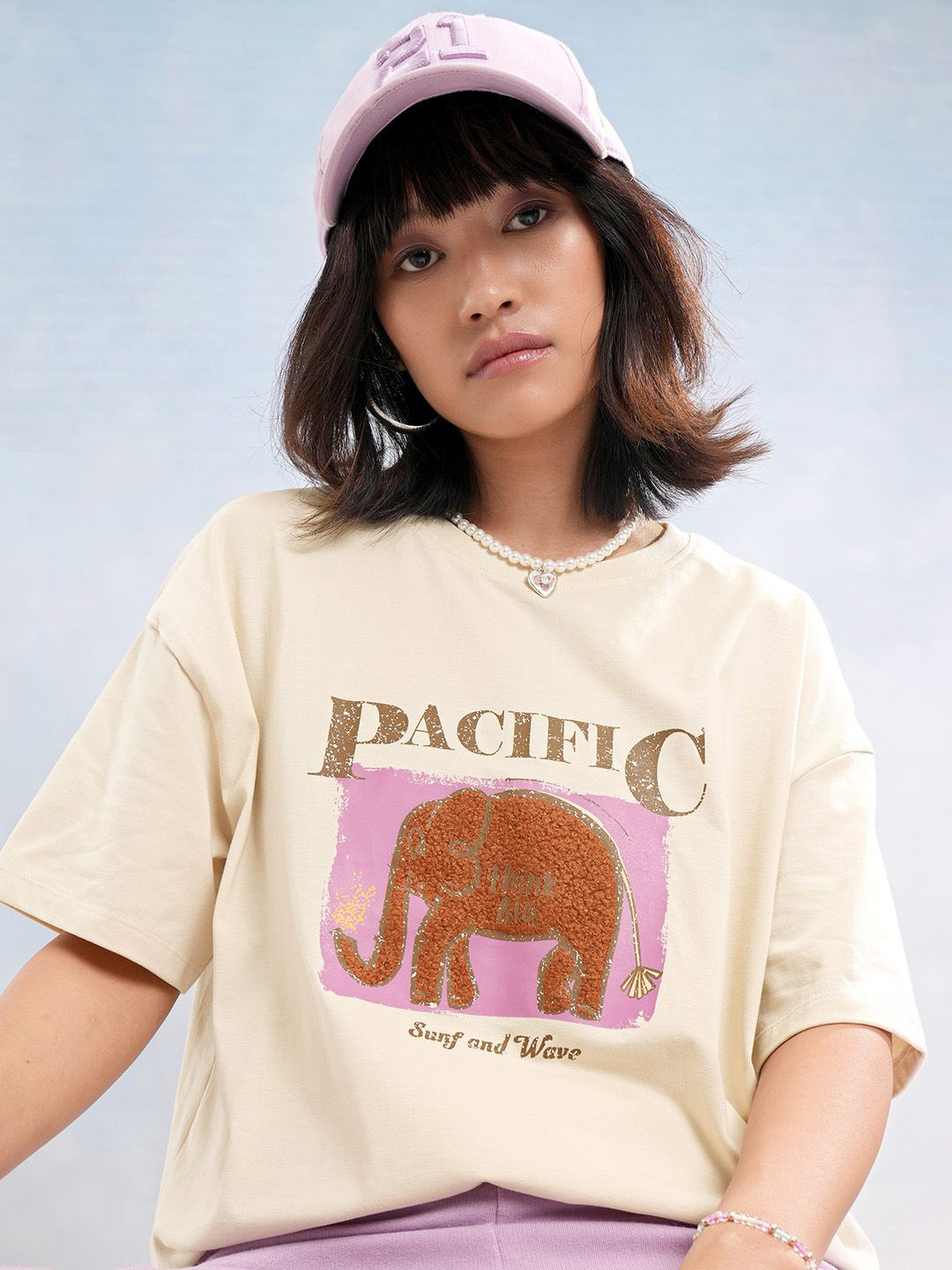 

Street By Tokyo Talkies Women Typography Printed Drop-Shoulder Sleeves Cotton Boxy Fit T-shirt, Beige