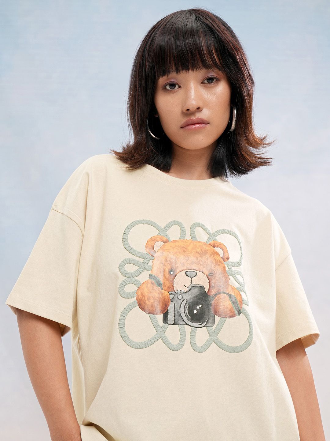 

Street By Tokyo Talkies Women Graphic Printed Drop-Shoulder Sleeves Cotton Boxy Fit T-shirt, Beige