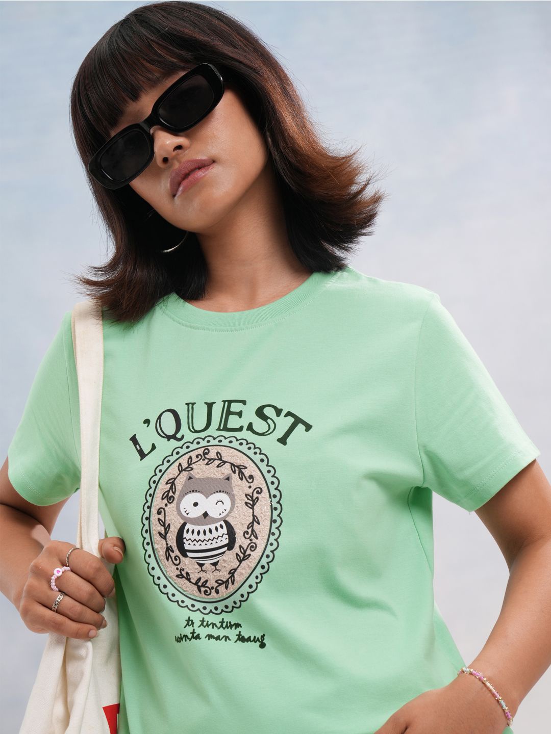 Street By Tokyo Talkies Women Graphic Printed Round Neck Cotton T-shirt, Green