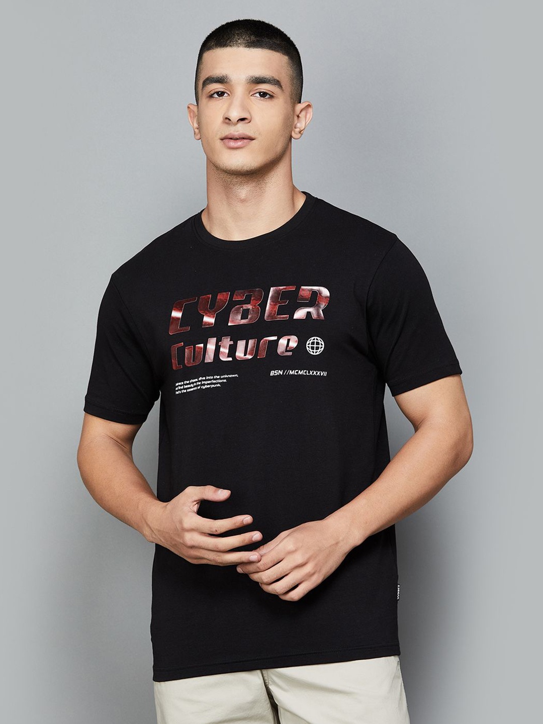

Bossini Men Typography Printed Round Neck Cotton T-shirt, Black