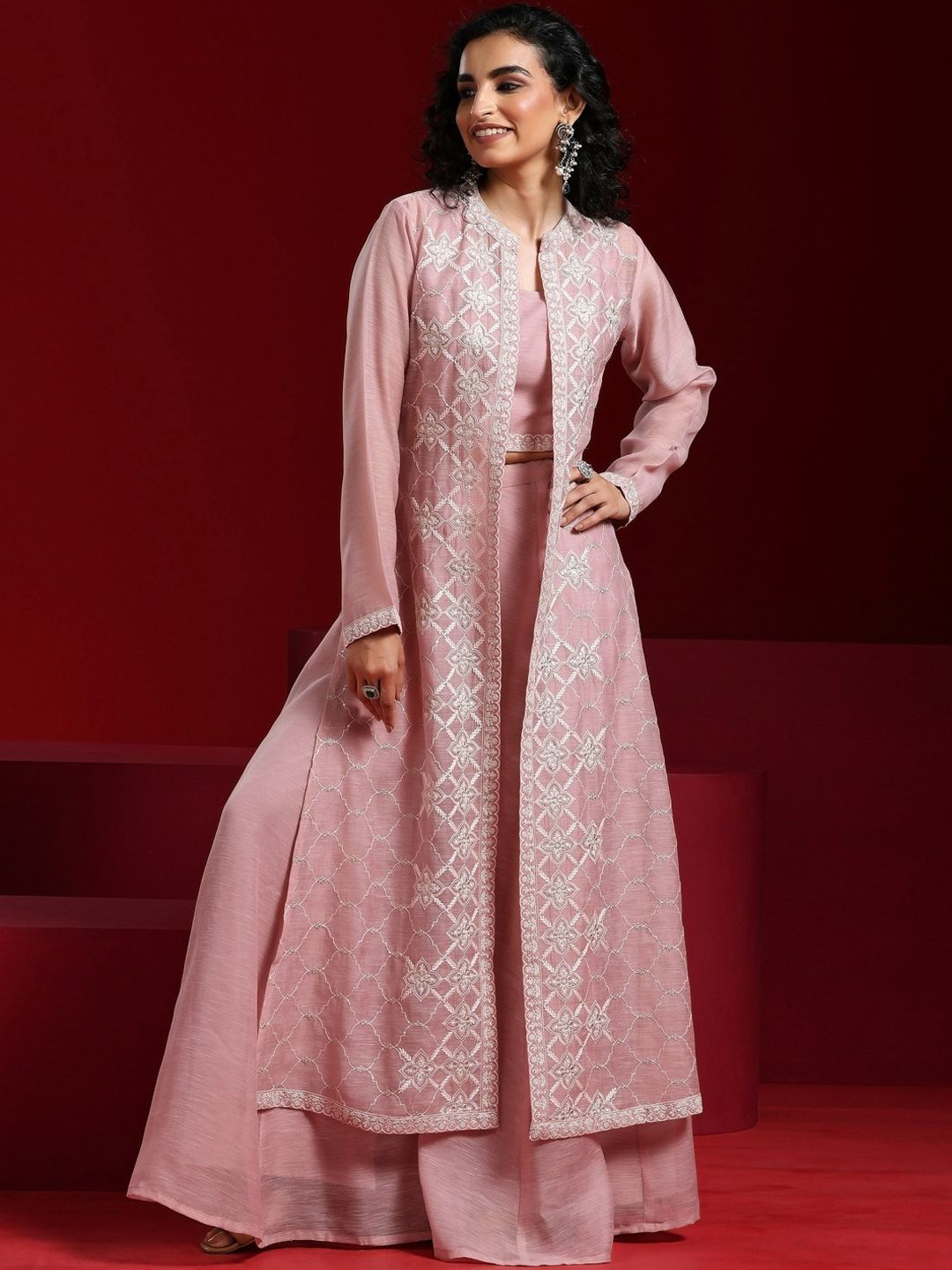 

Libas Art Floral Embroidered Thread Work Chanderi Silk Top With Palazzos And Jacket, Pink