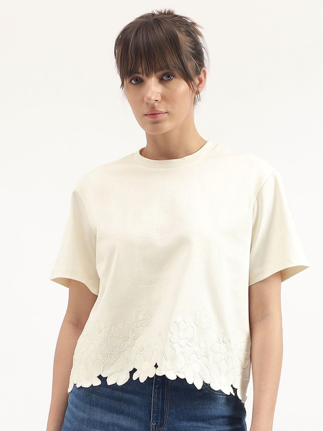 

United Colors of Benetton Women Solid Round Neck Pure Cotton T-shirt, Beige