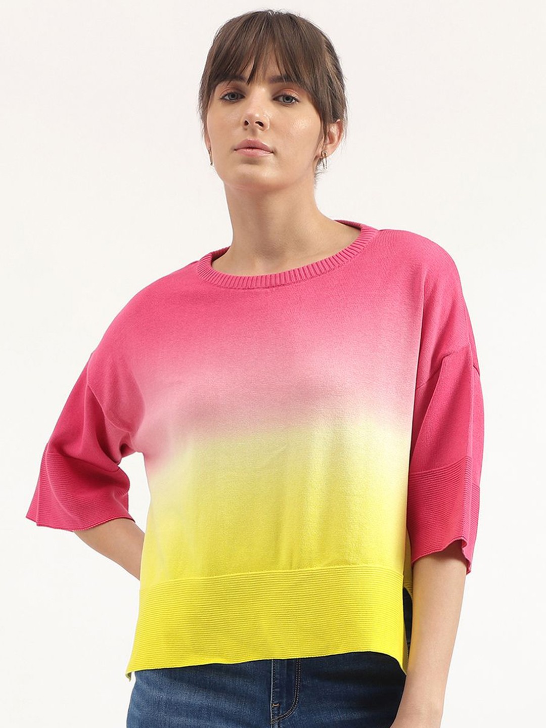 

United Colors of Benetton Round Neck Ombre Pure Cotton Dyed Top, Yellow