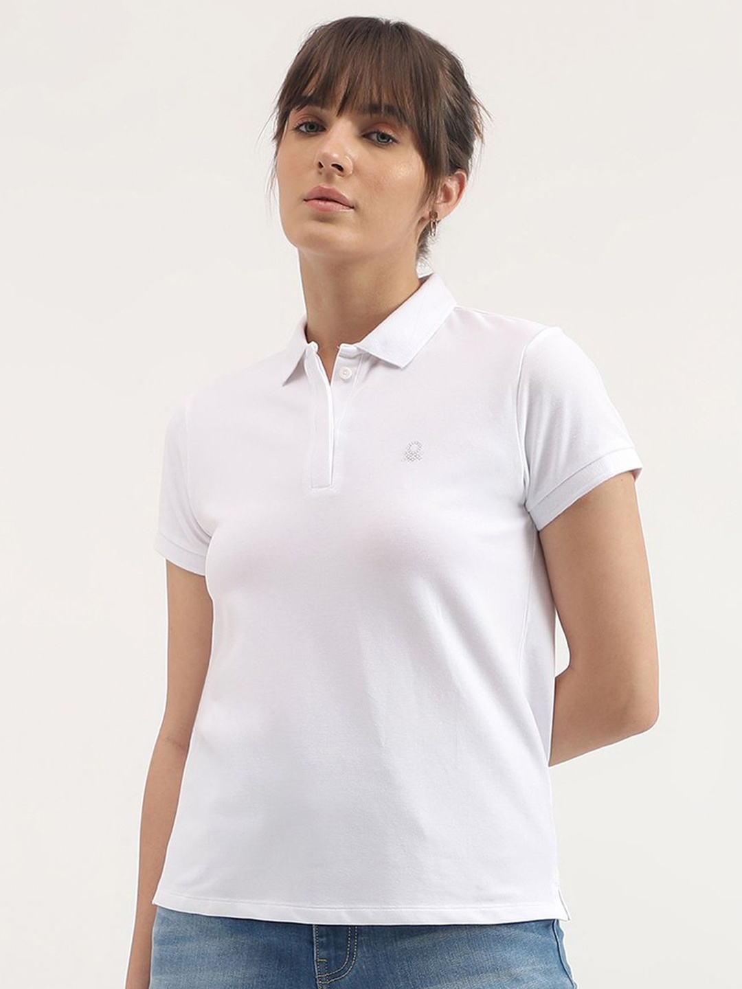 United Colors of Benetton Women Solid Polo Collar T-shirt, White