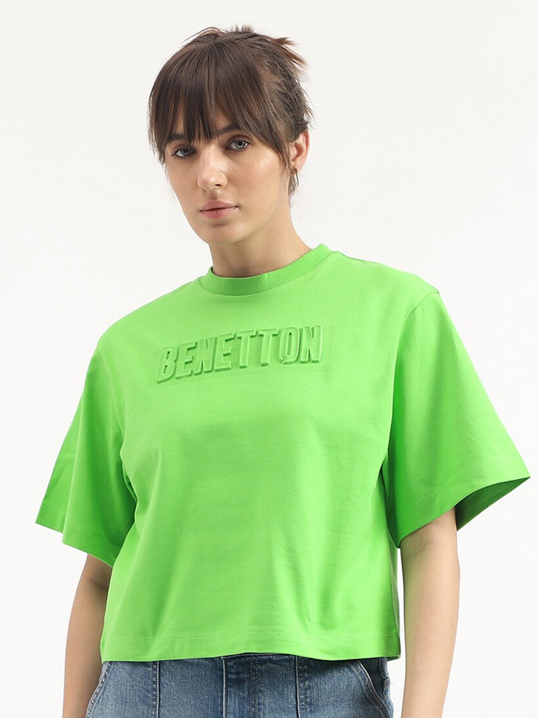 

United Colors of Benetton Women Typography Printed Round Neck Pure Cotton T-shirt, Green