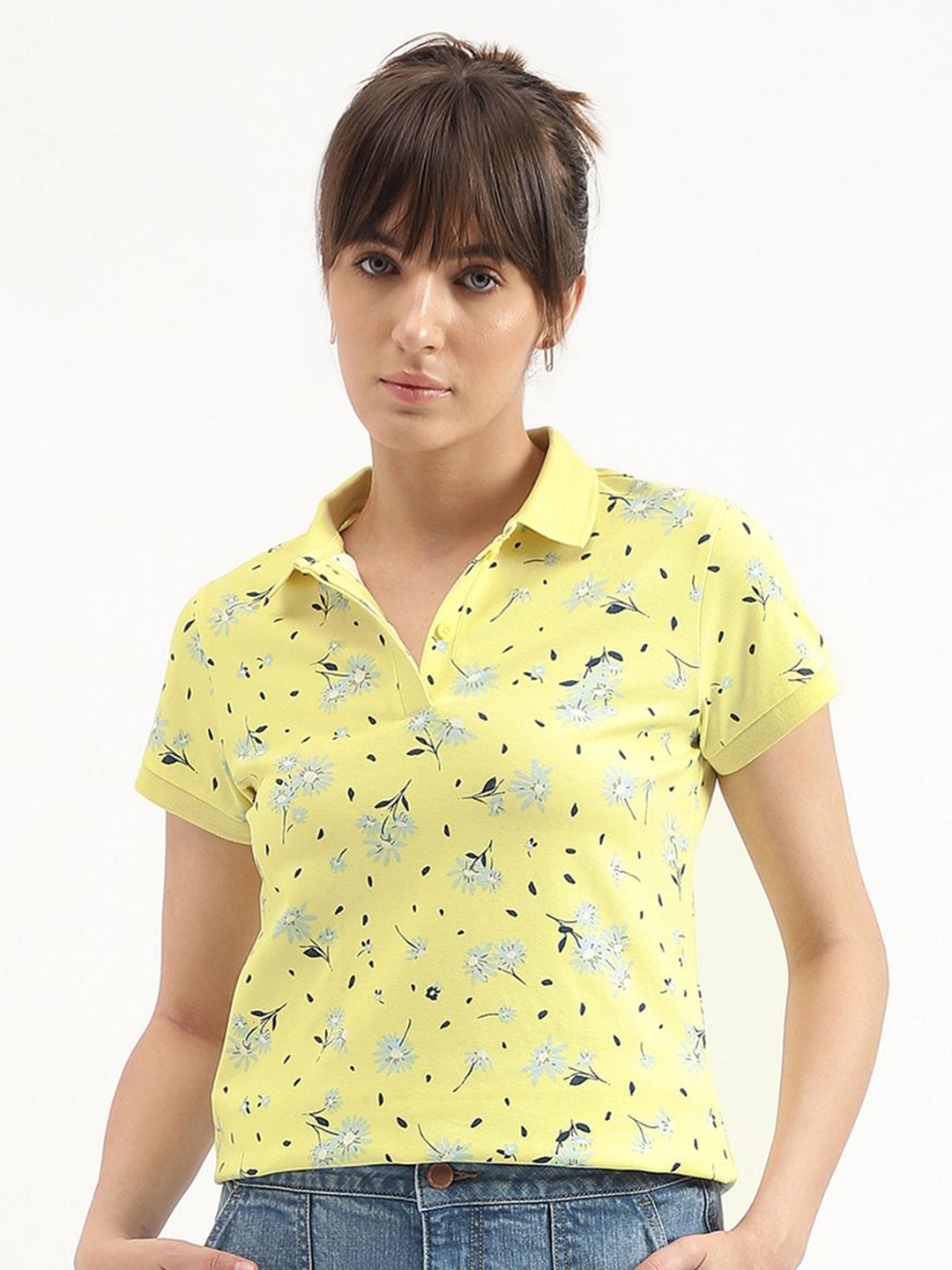 

United Colors of Benetton Women Floral Printed Polo Collar T-shirt, Yellow