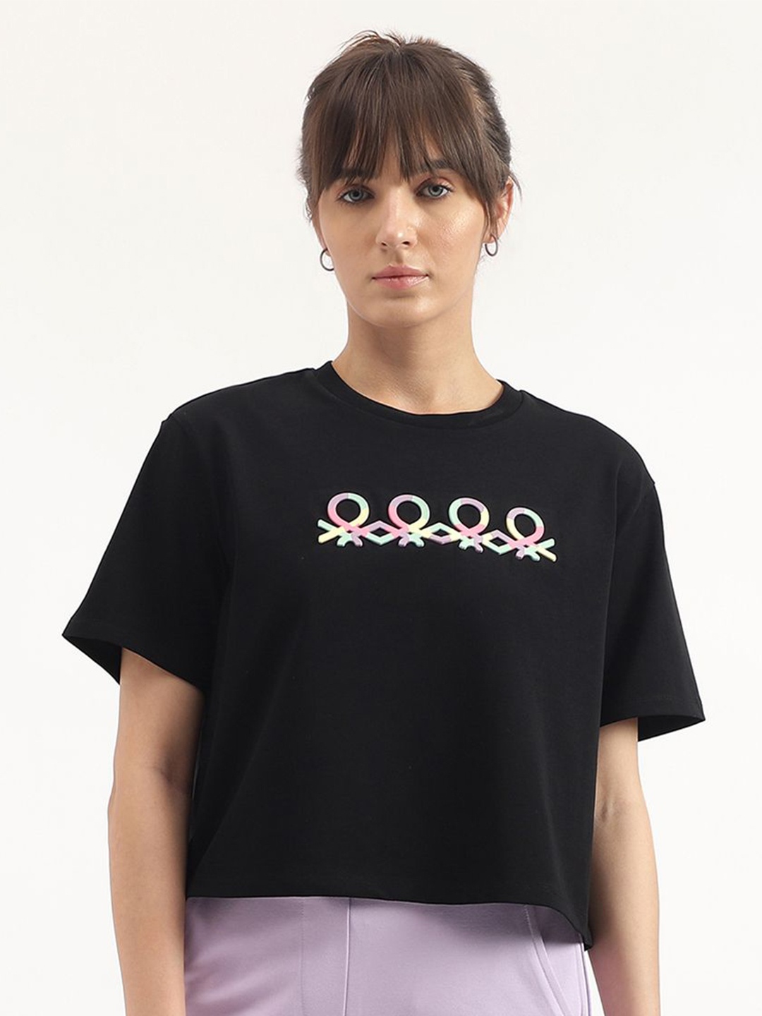 

United Colors of Benetton Women Graphic Printed Round Neck T-shirt, Black