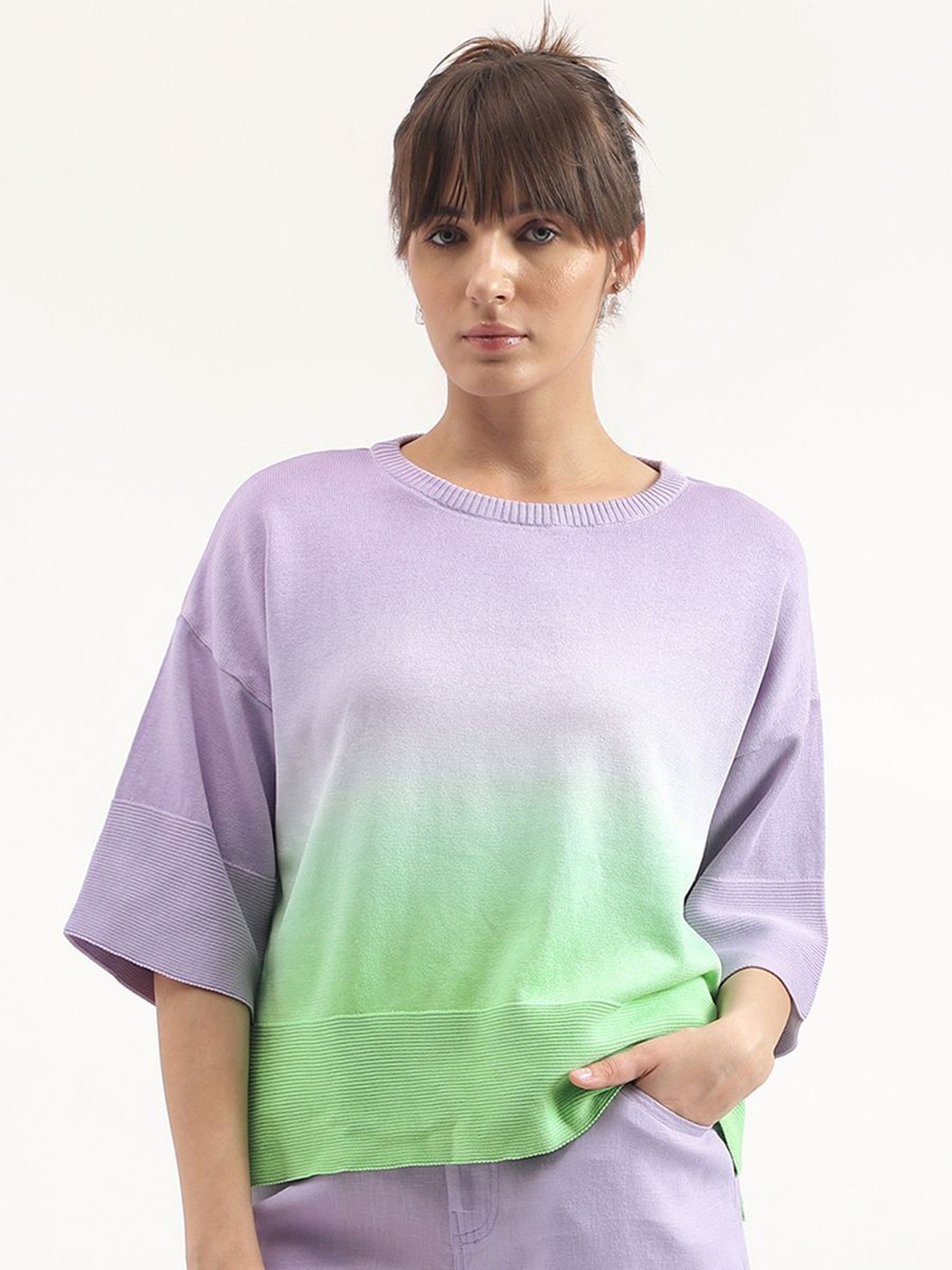 United Colors of Benetton Round Neck Ombre Pure Cotton Dyed Top, Green