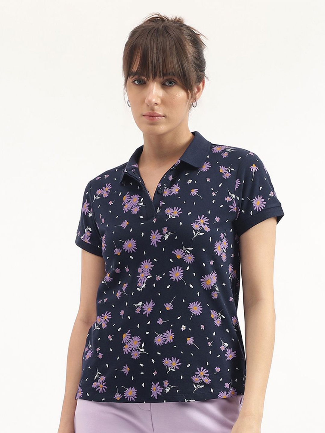 

United Colors of Benetton Women Floral Printed Polo Collar T-shirt, Navy blue