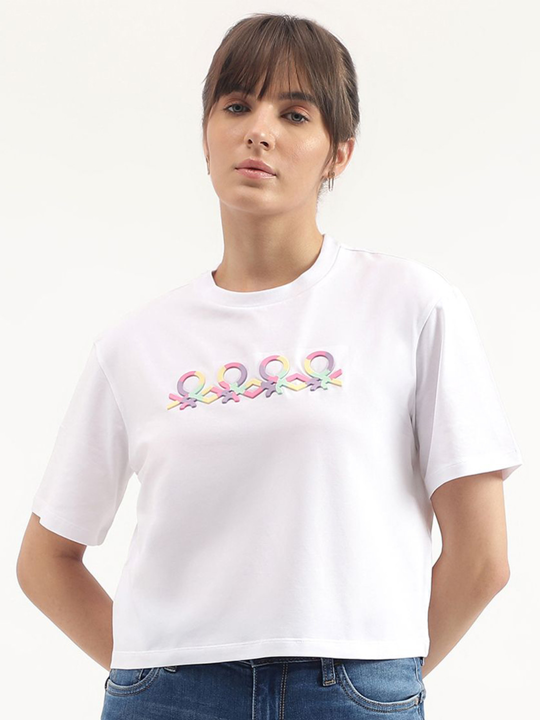 

United Colors of Benetton Women Printed Round Neck T-shirt, White