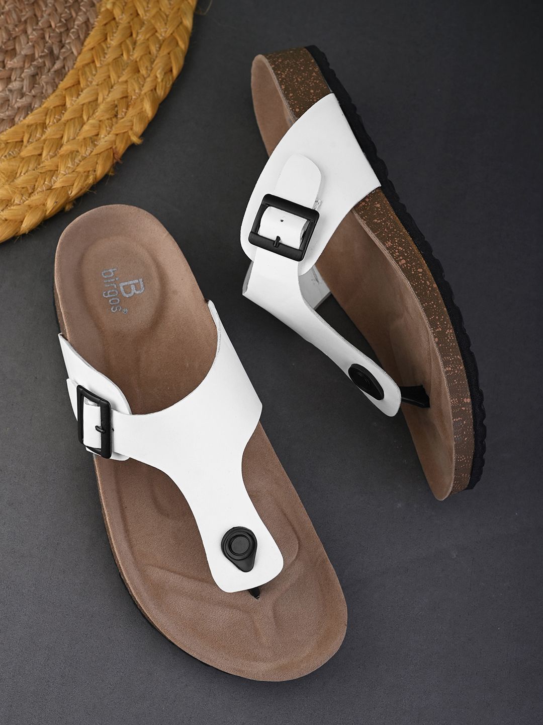 birgos Leather Buckle Comfort Sandals, White