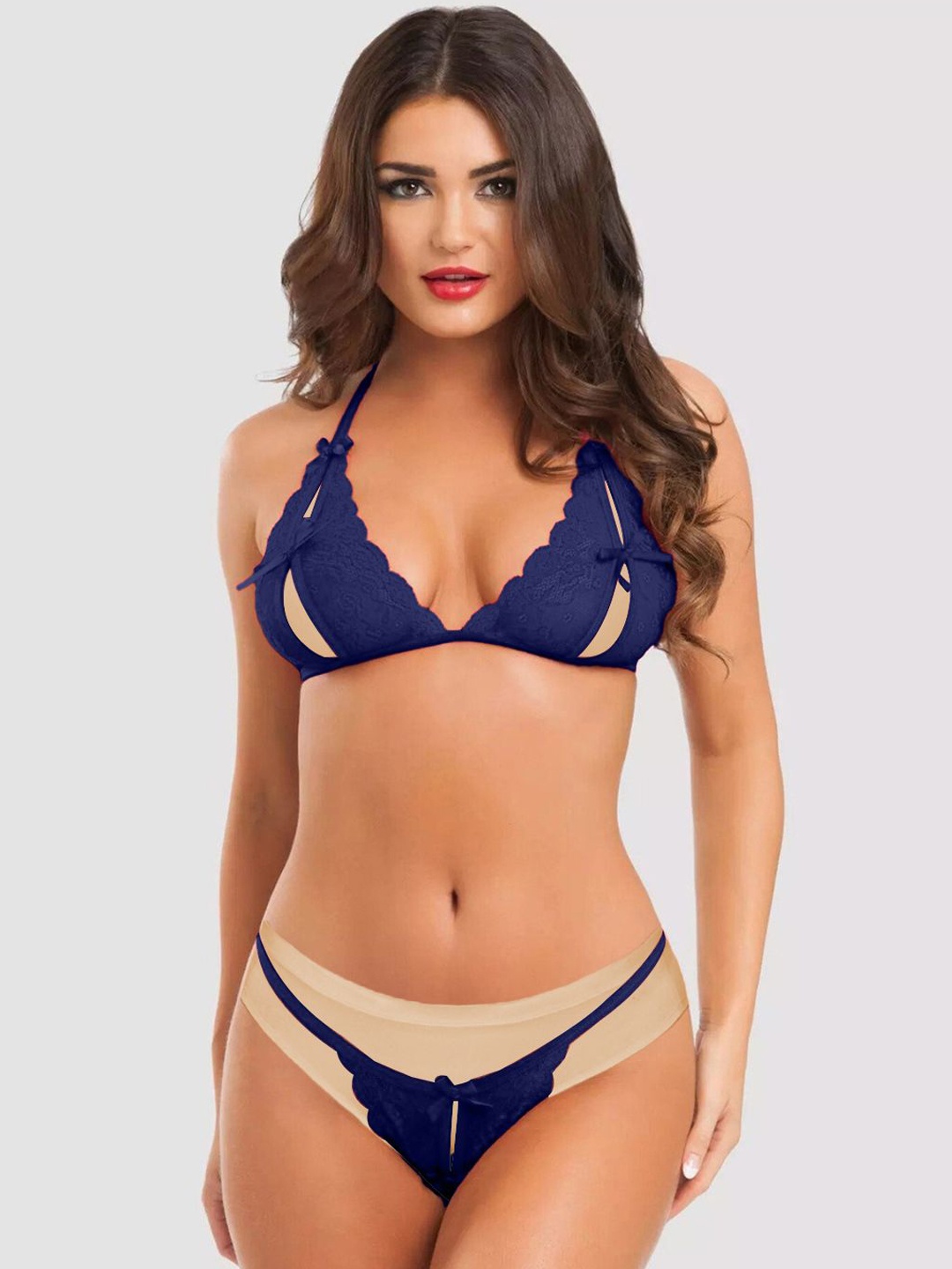 

FIMBUL Self Design Laced Lingerie Set, Navy blue