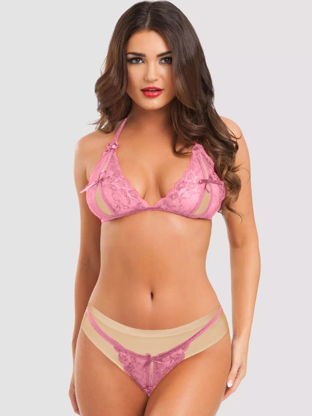 

FIMBUL Self Design Laced Lingerie Set, Pink