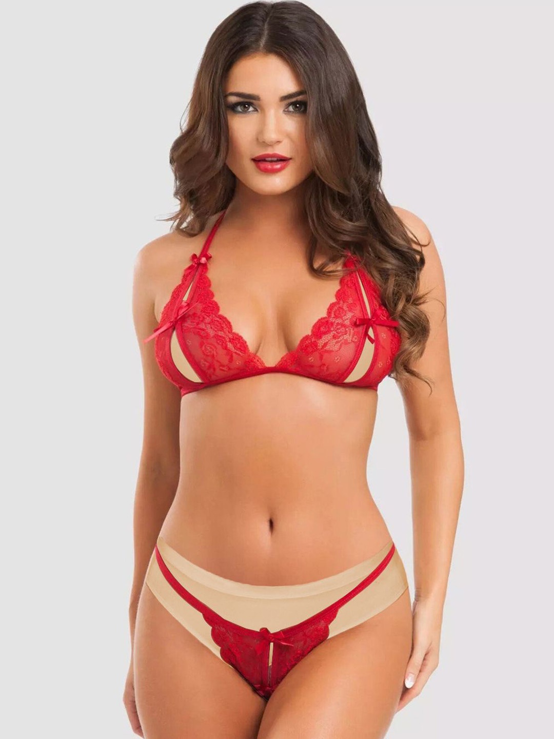 

FIMBUL Self Design Laced Lingerie Set, Red