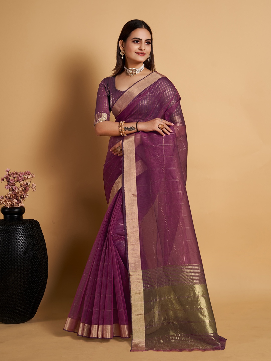 

bansari textiles Checked Zari Banarasi Saree, Purple