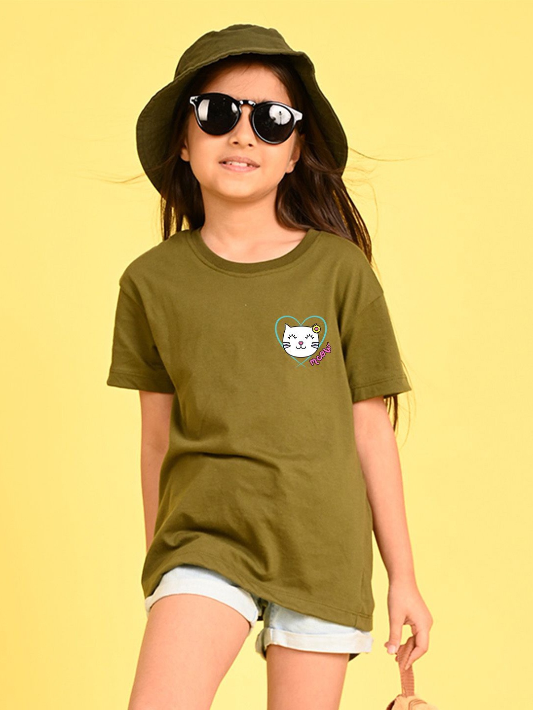 

NUSYL Girls Graphic Printed Round Neck Longline Oversized T-shirt, Olive