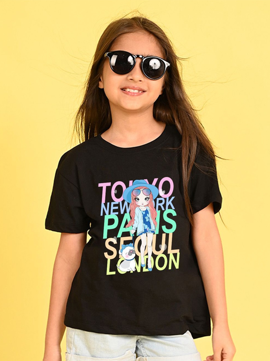 

NUSYL Girls Typography Printed Round Neck Longline Oversized T-shirt, Black