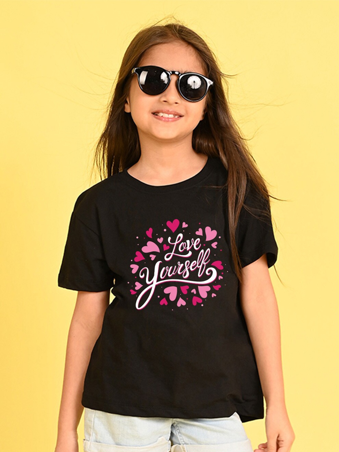

NUSYL Girls Typography Printed Round Neck Longline Oversized T-shirt, Black