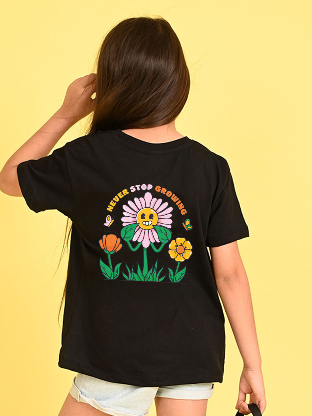 

NUSYL Girls Floral Printed Round Neck Longline Oversized T-shirt, Black