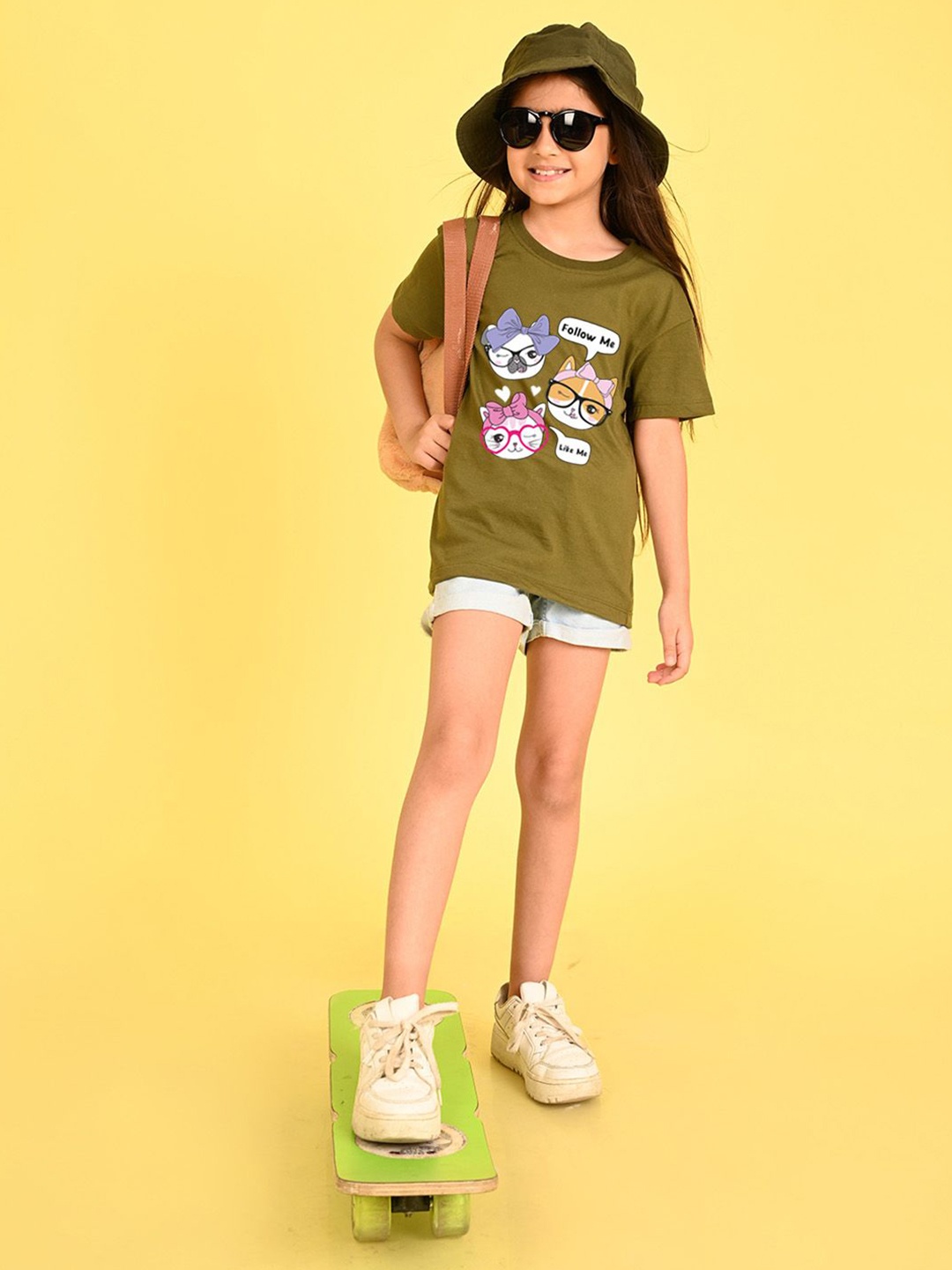 

NUSYL Girls Graphic Printed Round Neck Longline Oversized T-shirt, Olive