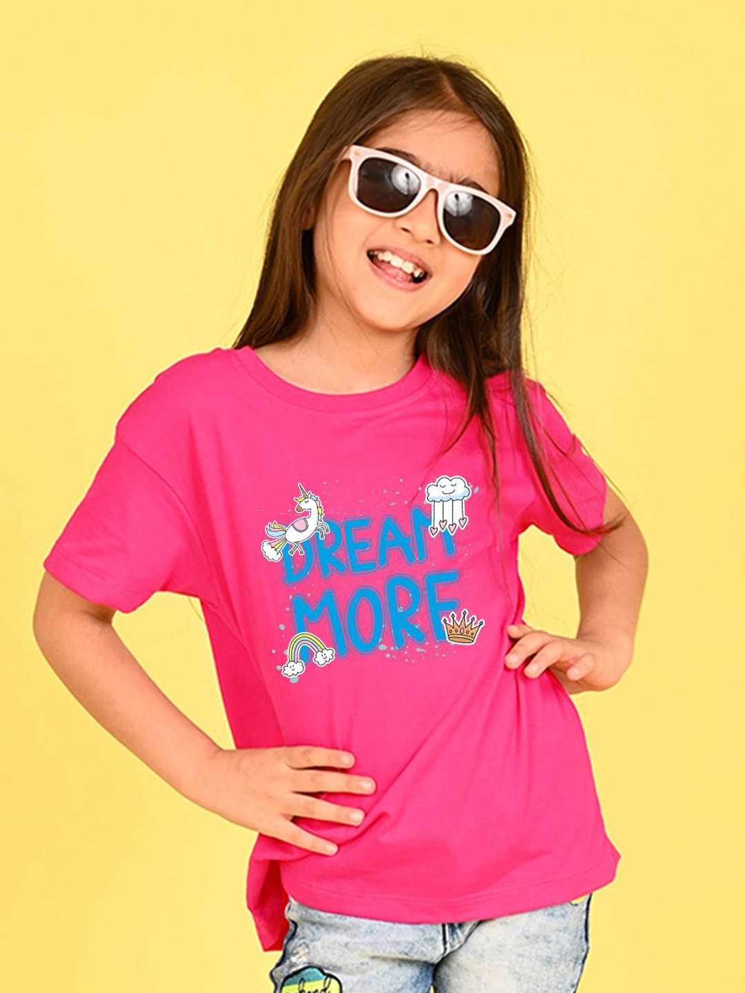 

NUSYL Girls Typography Printed Round Neck Longline Oversized T-shirt, Pink