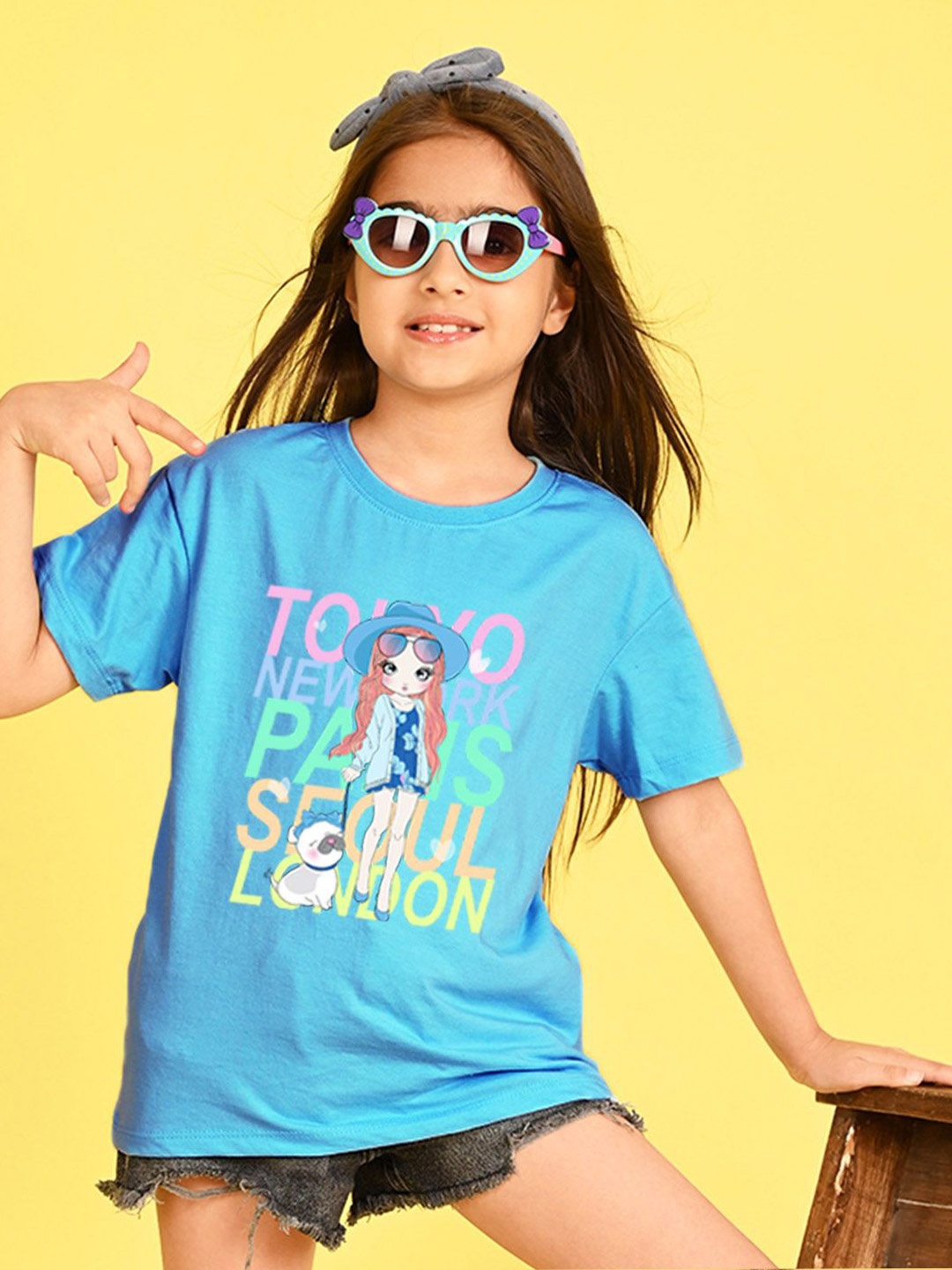 

NUSYL Girls Typography Printed Round Neck Longline Oversized T-shirt, Blue