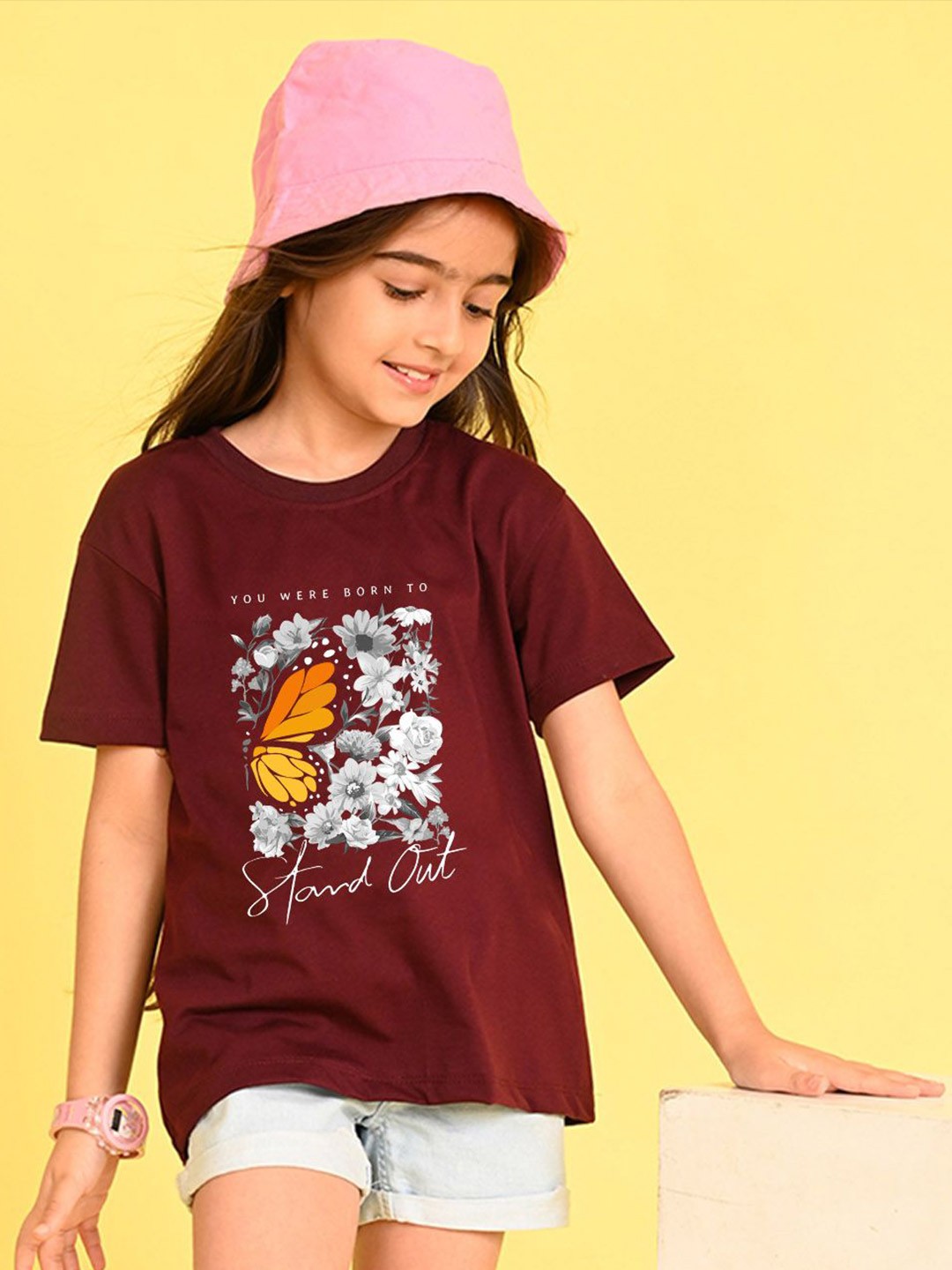 

NUSYL Girls Floral Printed Round Neck Longline Oversized T-shirt, Maroon