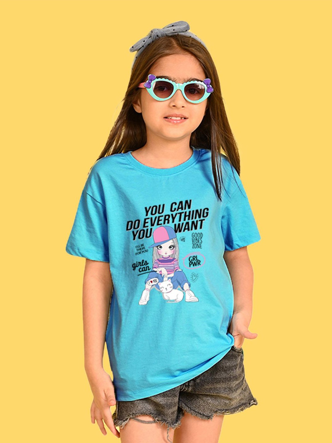 

NUSYL Girls Typography Printed Round Neck Longline Oversized T-shirt, Blue
