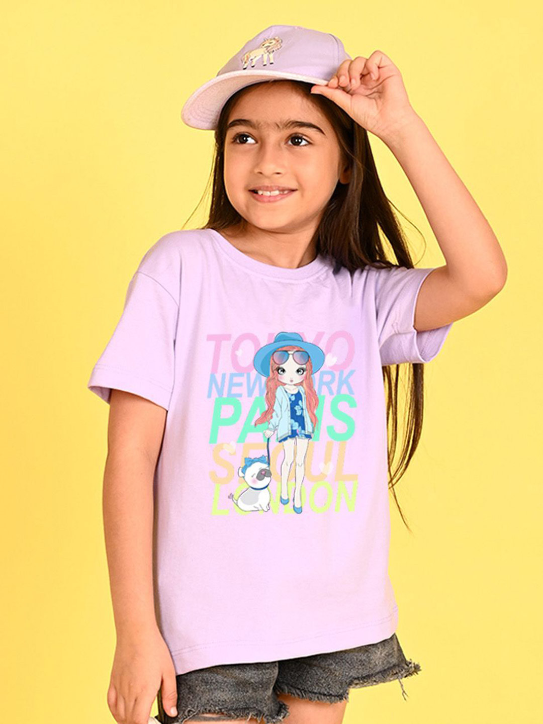 

NUSYL Girls Graphic Printed Round Neck Longline Oversized T-shirt, Purple