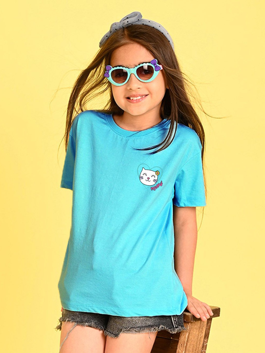 

NUSYL Girls Graphic Printed Round Neck Longline Oversized T-shirt, Blue