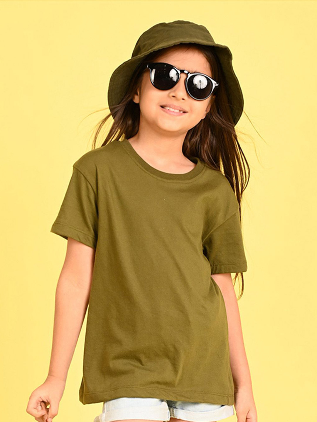 

NUSYL Girls Graphic Printed Round Neck Longline Oversized T-shirt, Olive
